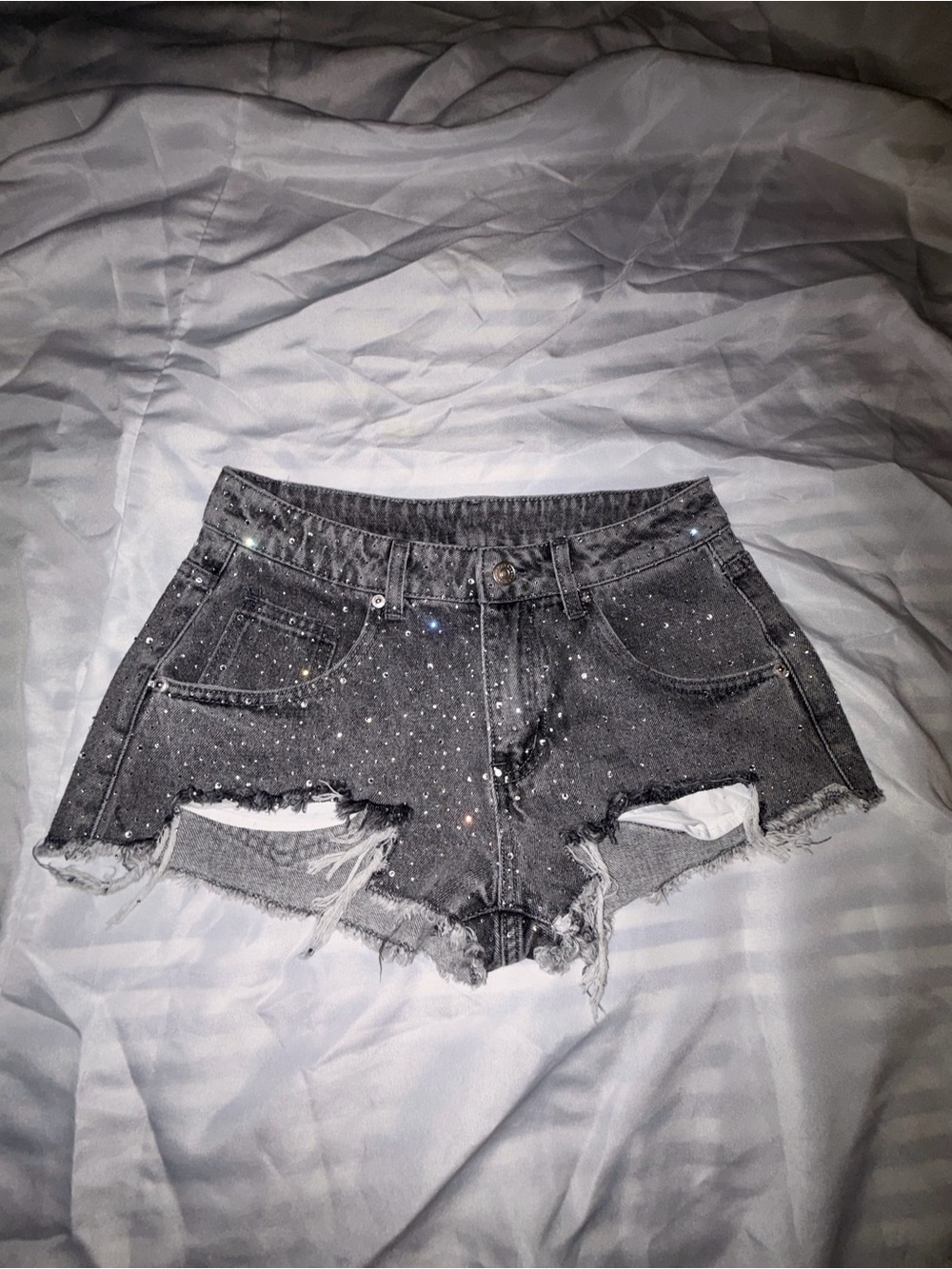 Distressed Black Denim Shorts with Sparkle Accent
